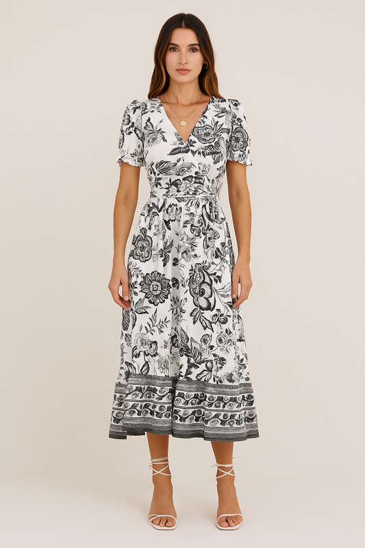 Floral Maxi Dress – Puff Sleeves, Cinched Waist & V-Neck