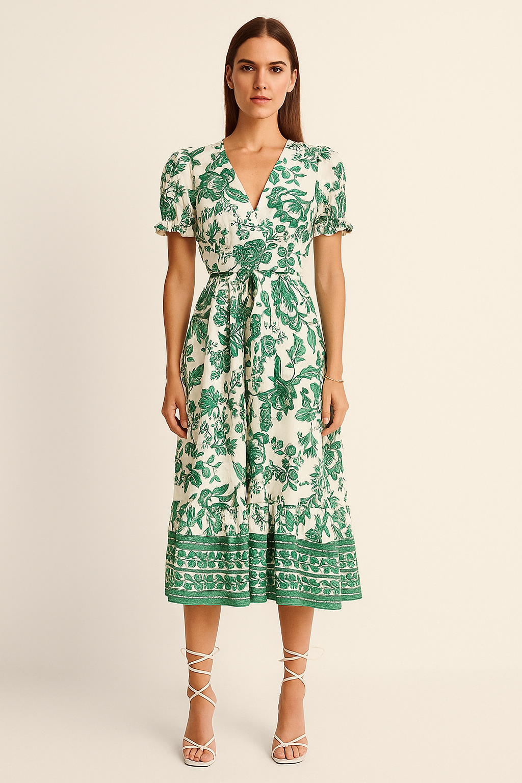 Floral Maxi Dress – Puff Sleeves, Cinched Waist & V-Neck