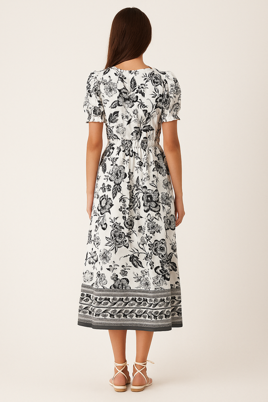 Floral Maxi Dress – Puff Sleeves, Cinched Waist & V-Neck