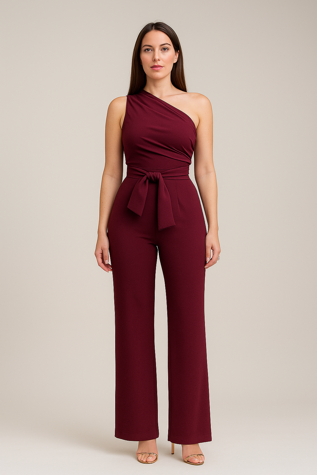 One Shoulder Jumpsuit Tie Waist