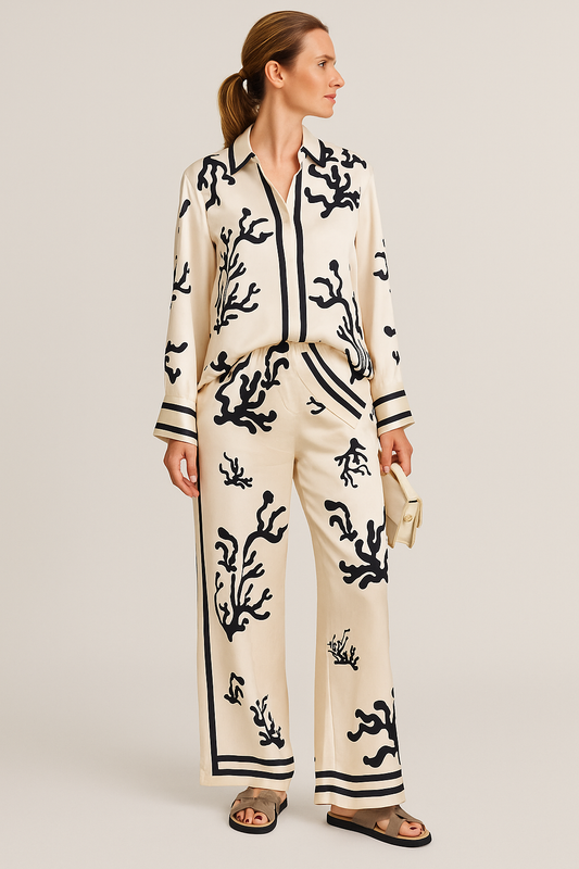 Abstract Print Blouse & Trousers Set – Button-Up Top with Wide-Leg High Waist Pants