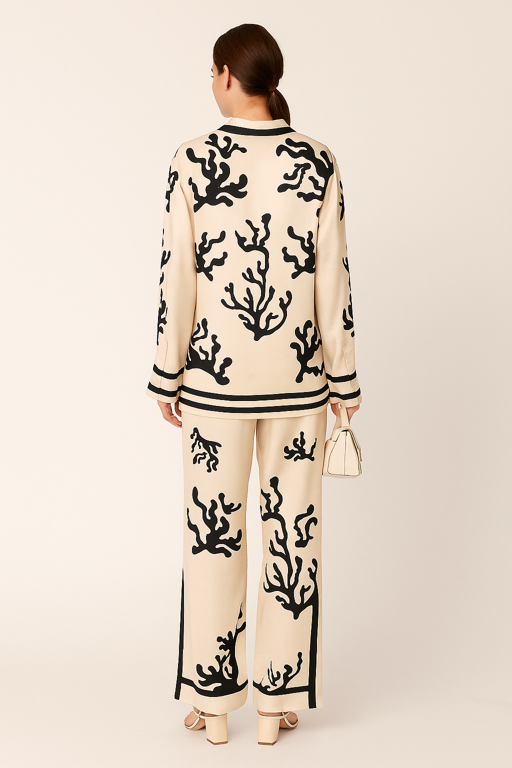 Abstract Print Blouse & Trousers Set – Button-Up Top with Wide-Leg High Waist Pants