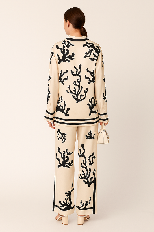 Abstract Print Blouse & Trousers Set – Button-Up Top with Wide-Leg High Waist Pants