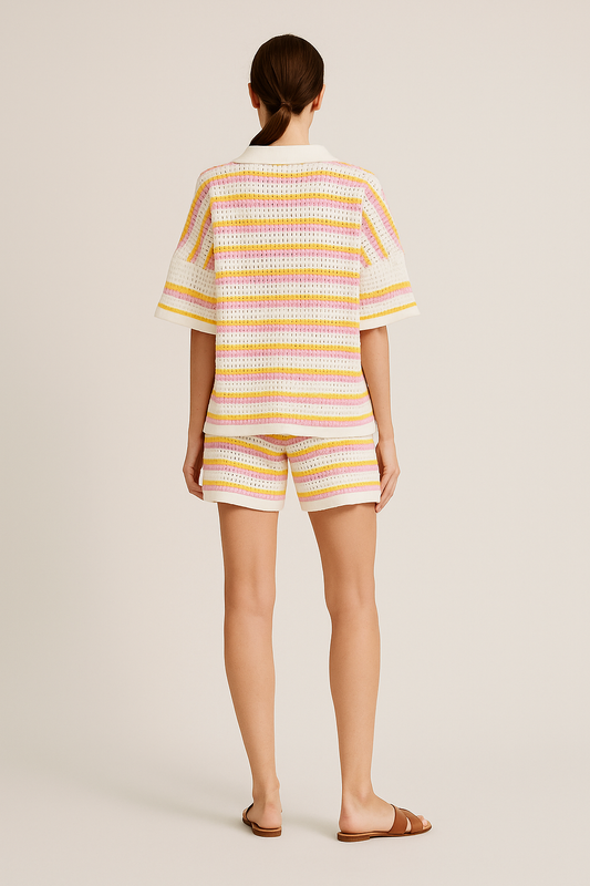 Striped Knit Shorts Set – Lightweight 2-Piece with Revere Collar
