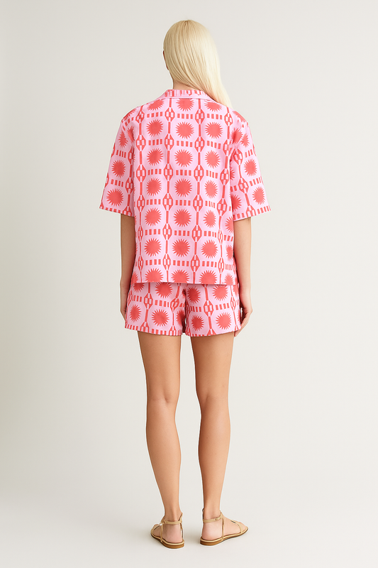 Geometric Print Co-ord Set – Relaxed Shirt & Elastic Waist Shorts
