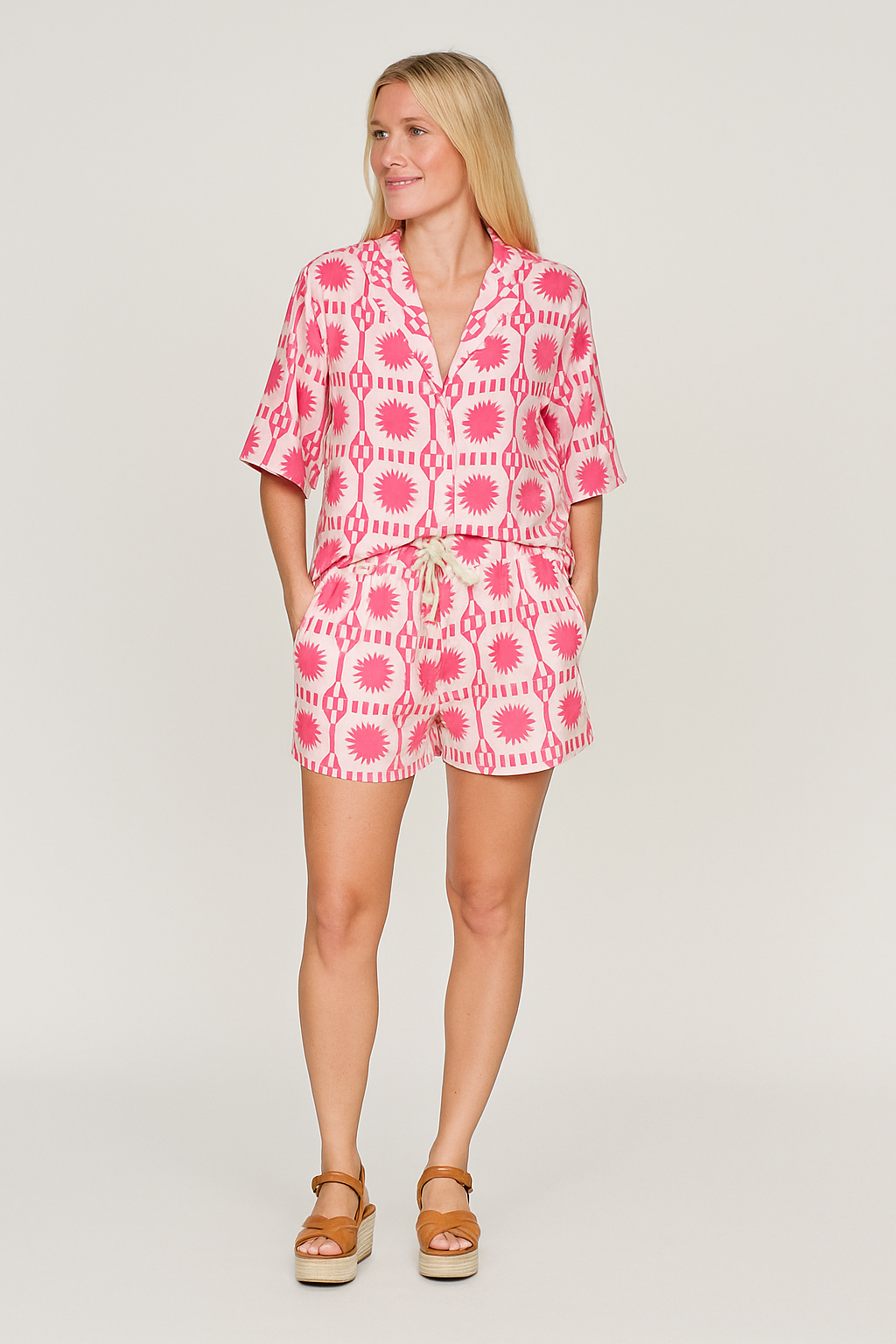 Geometric Print Co-ord Set – Relaxed Shirt & Elastic Waist Shorts