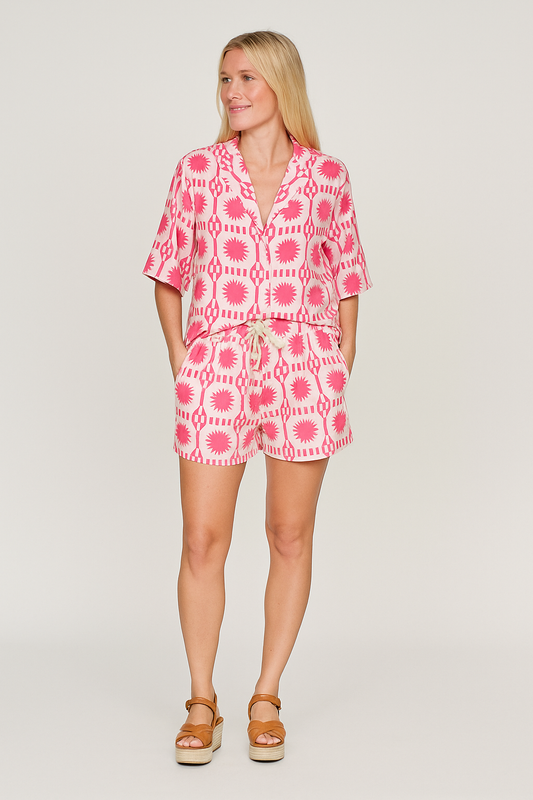 Geometric Print Co-ord Set – Relaxed Shirt & Elastic Waist Shorts