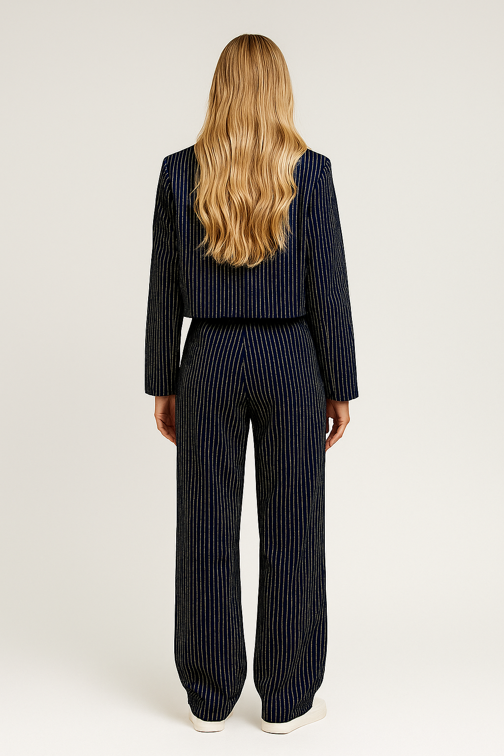 Pinstripe Suit Set – Cropped Double-Breasted Blazer & Wide-Leg Trousers
