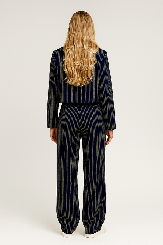 Pinstripe Suit Set – Cropped Double-Breasted Blazer & Wide-Leg Trousers