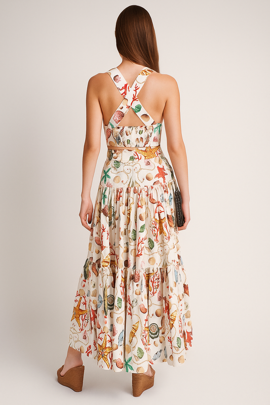 Printed Pleated Skirt Set – Shirred Waist, Coordinated Design