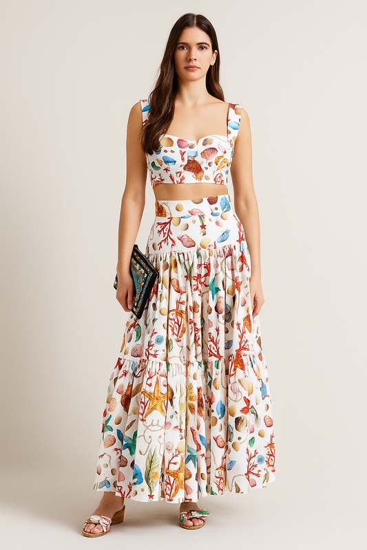 Printed Pleated Skirt Set – Shirred Waist, Coordinated Design