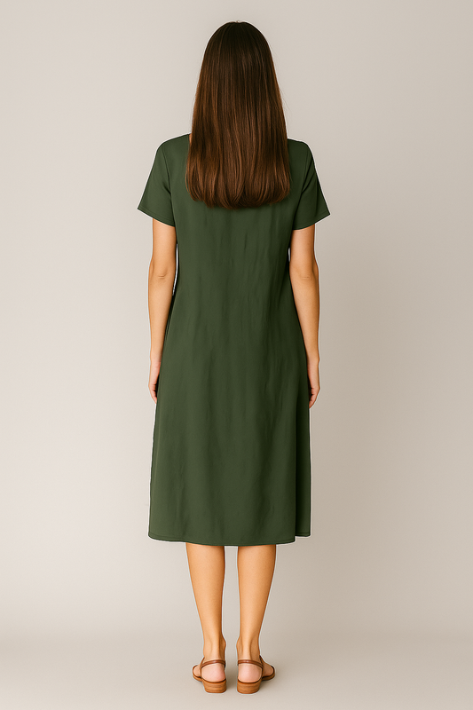 Stretch Cotton A-Line Dress with Pockets – Knee Length, Round Neck