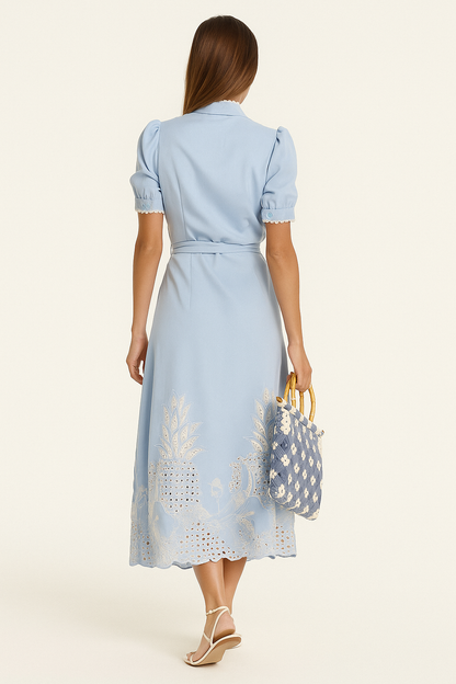 Embroidered A-Line Midi Dress – Soft Fiber Blend, All-Season Fit