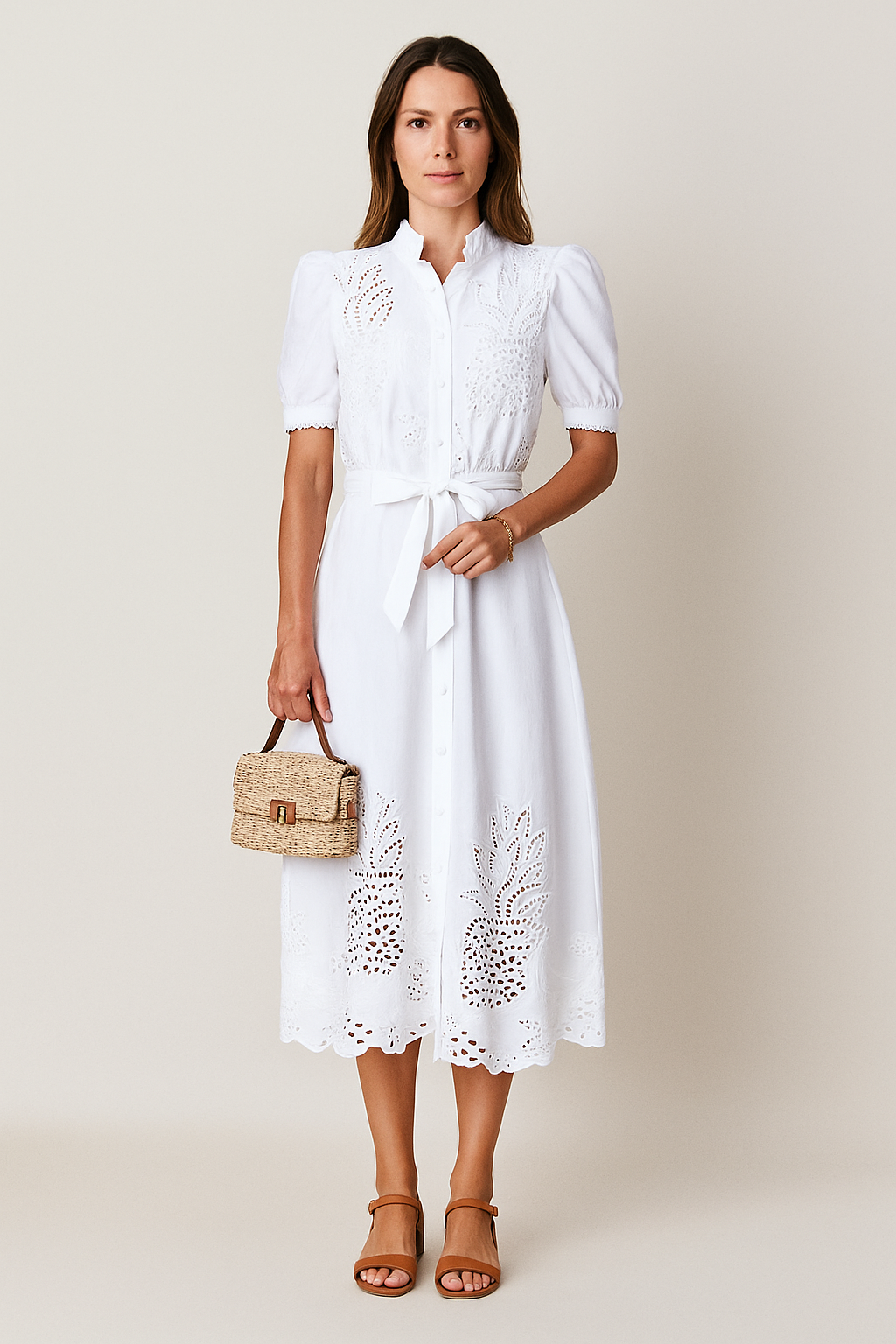 Embroidered A-Line Midi Dress – Soft Fiber Blend, All-Season Fit