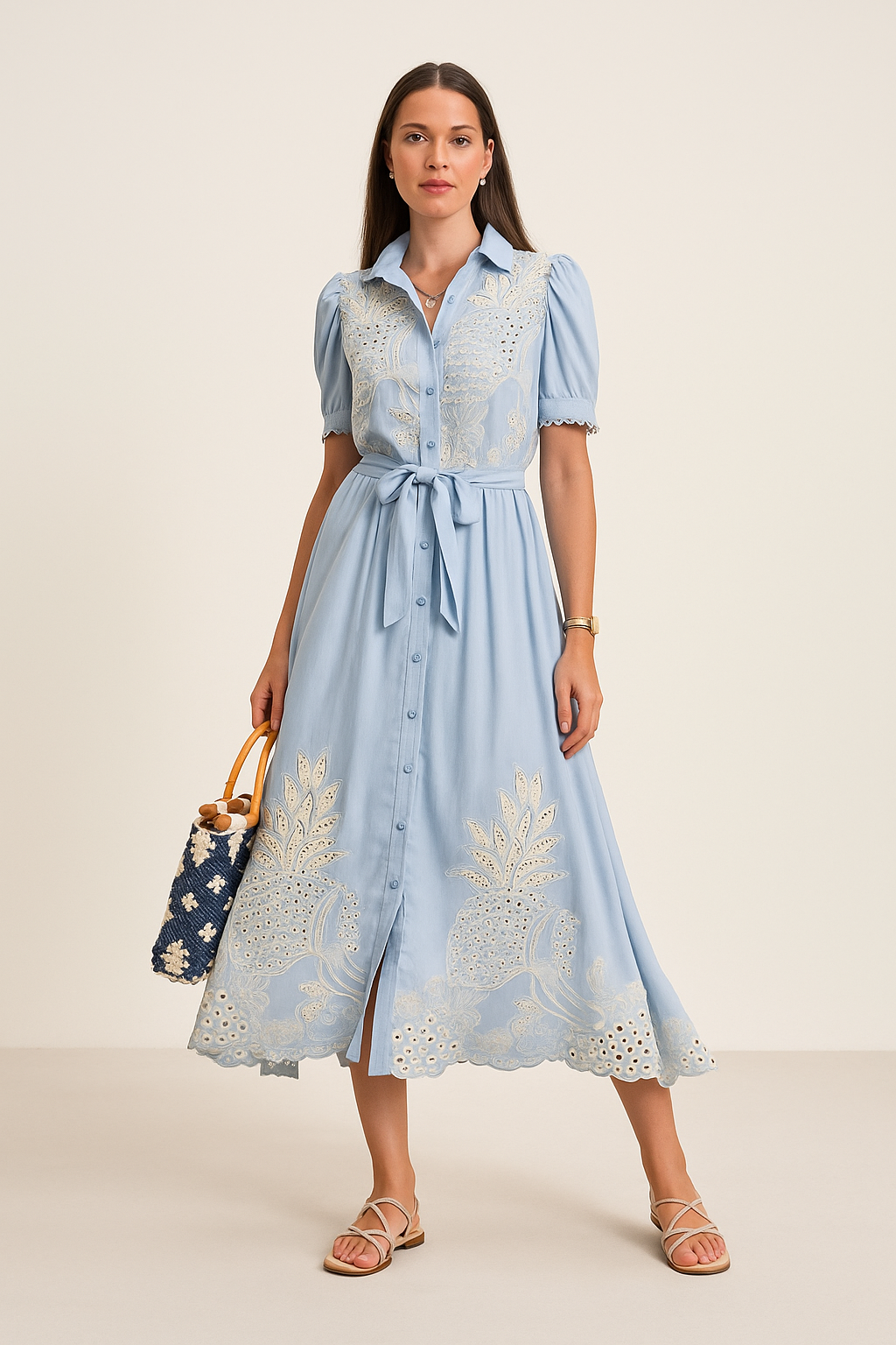 Embroidered A-Line Midi Dress – Soft Fiber Blend, All-Season Fit