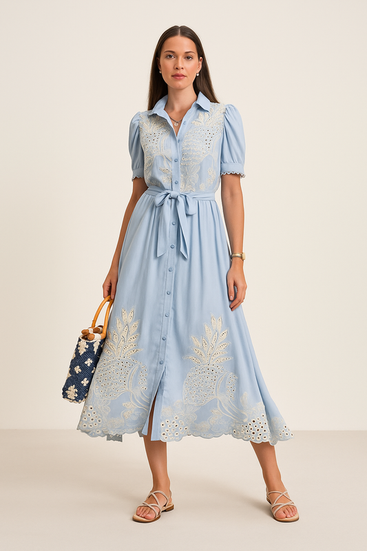 Embroidered A-Line Midi Dress – Soft Fiber Blend, All-Season Fit