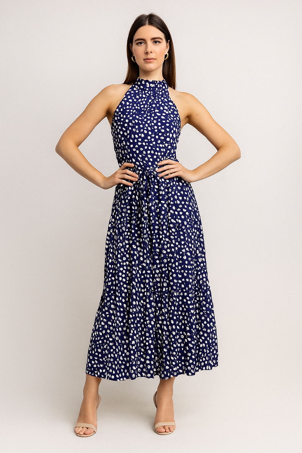 Polka Dot Halter Midi Dress – Fit-and-Flare, Waist Tie