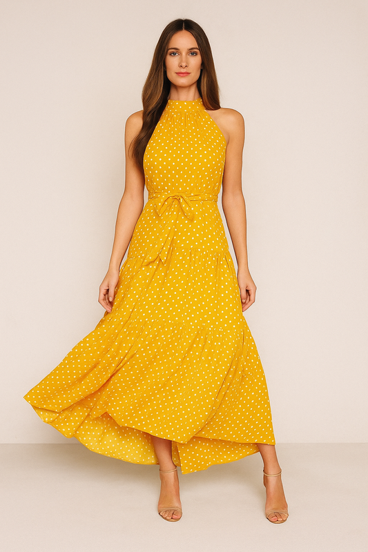 Polka Dot Halter Midi Dress – Fit-and-Flare, Waist Tie