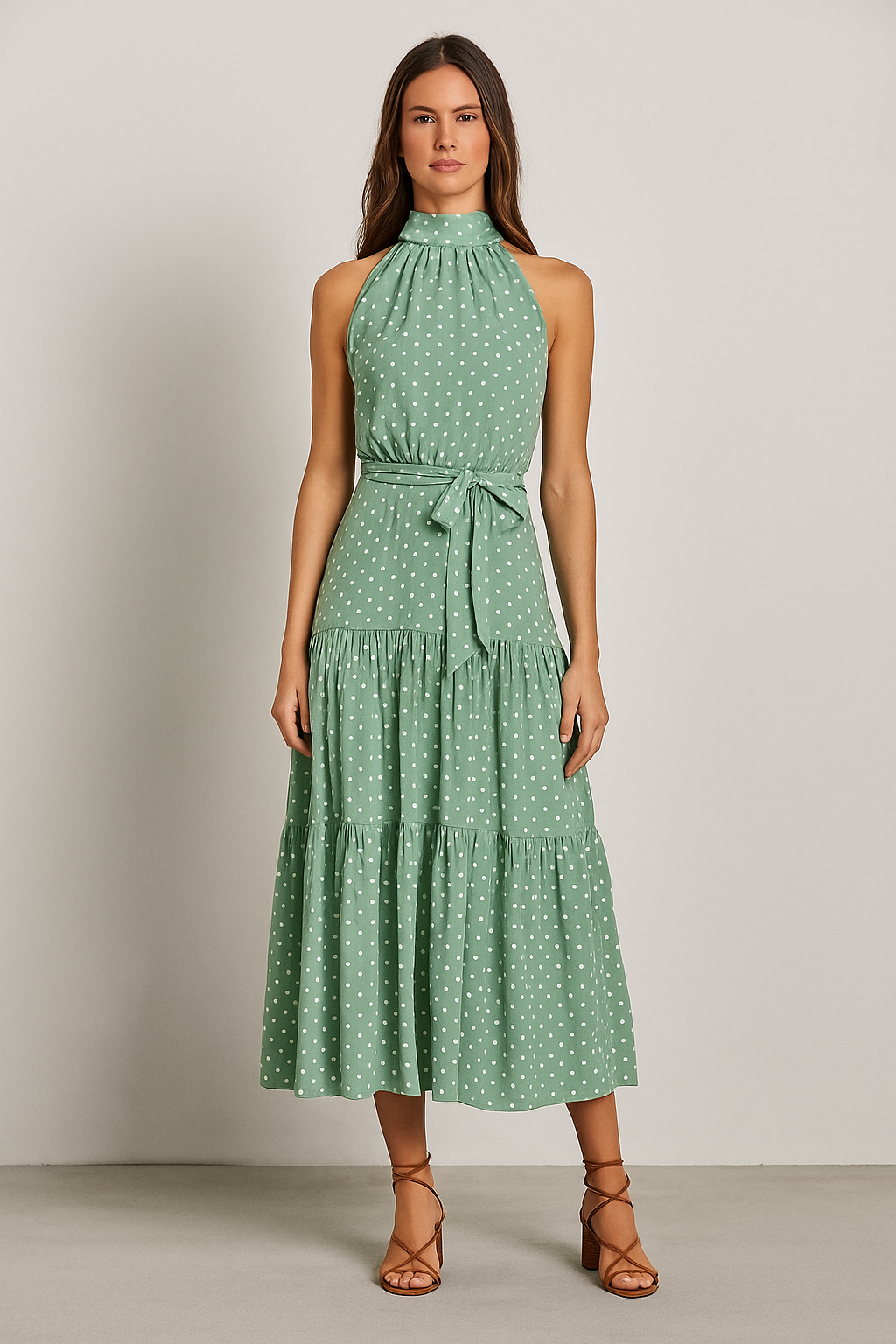 Polka Dot Halter Midi Dress – Fit-and-Flare, Waist Tie