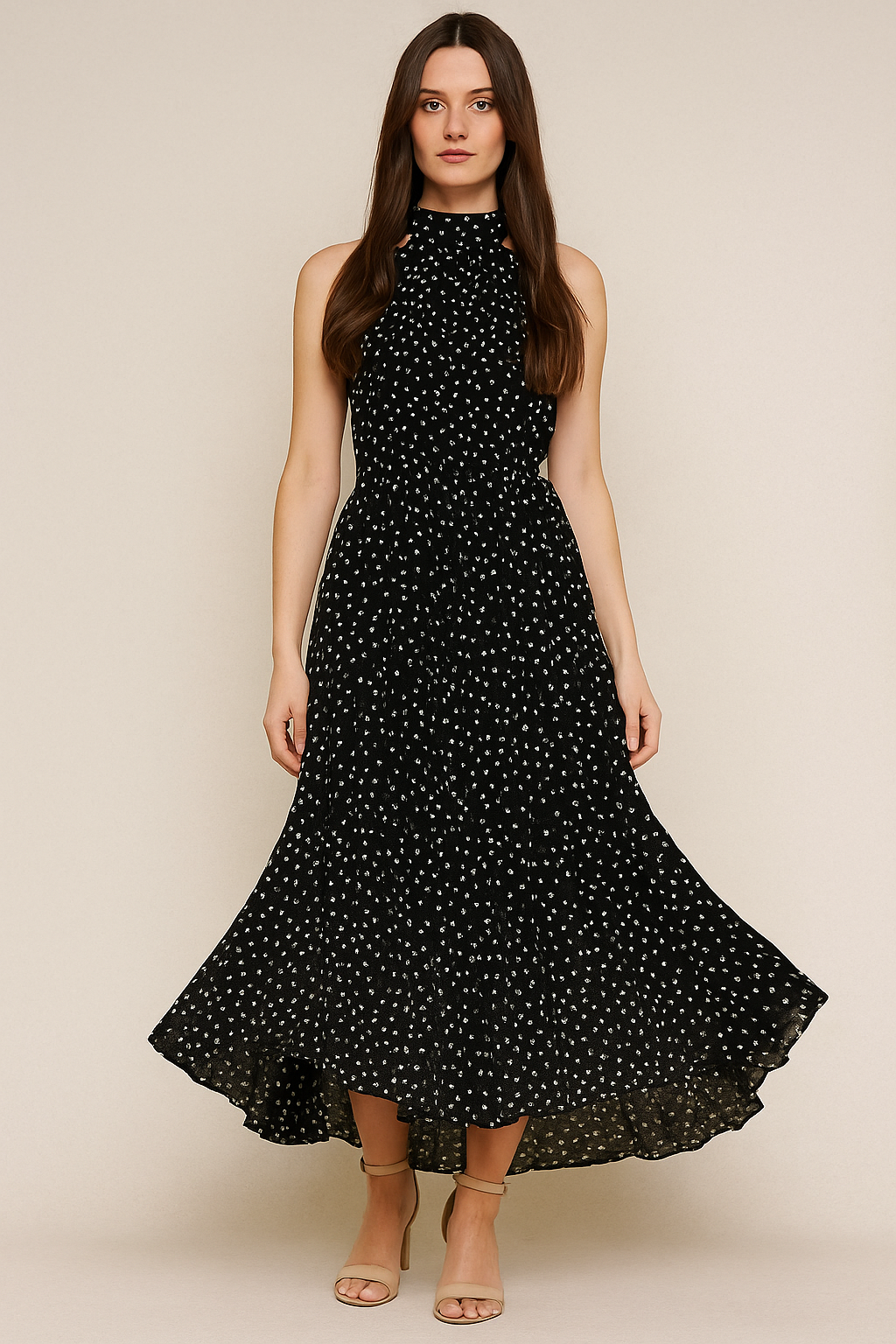 Polka Dot Halter Midi Dress – Fit-and-Flare, Waist Tie