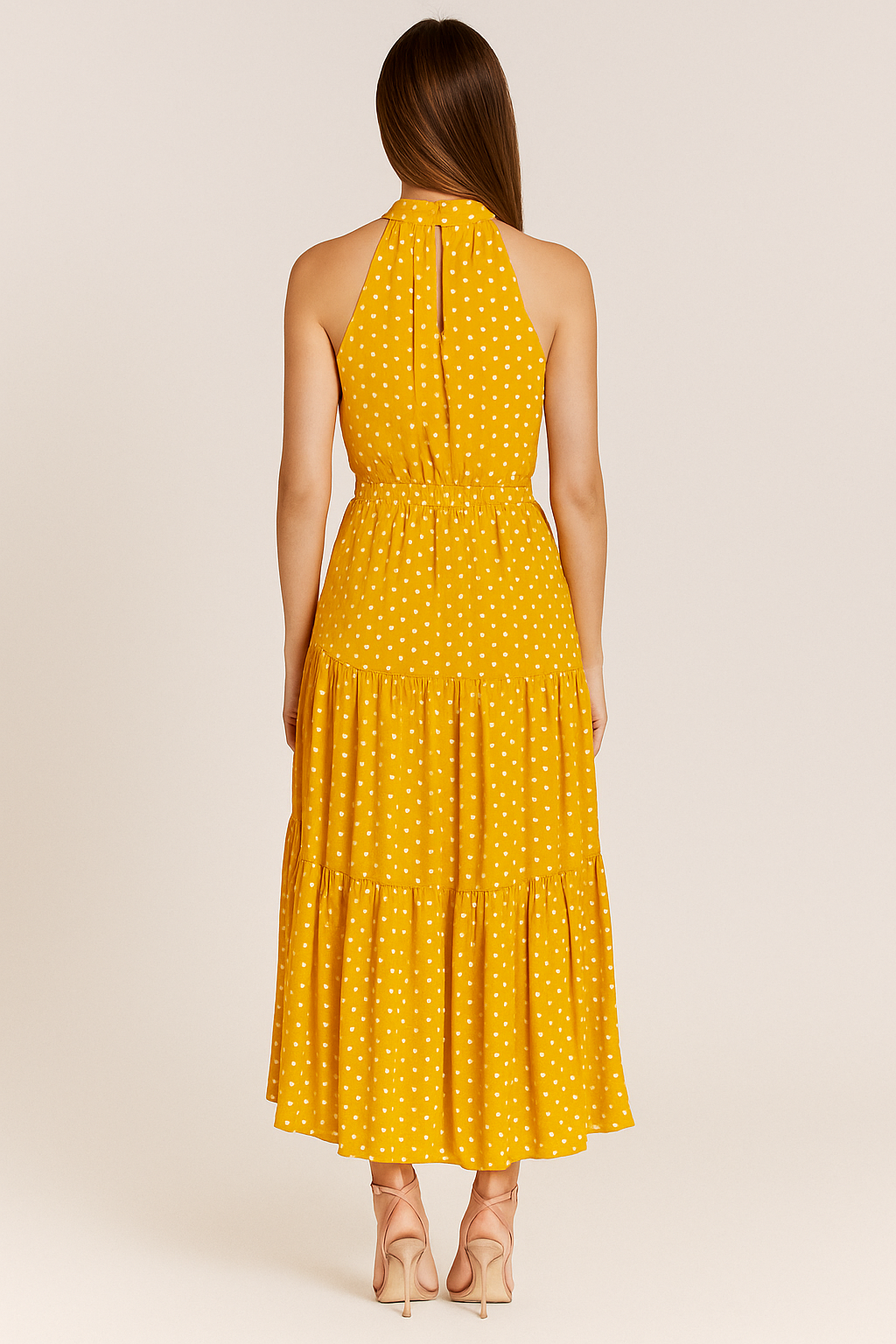 Polka Dot Halter Midi Dress – Fit-and-Flare, Waist Tie