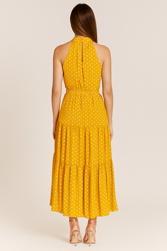 Polka Dot Halter Midi Dress – Fit-and-Flare, Waist Tie
