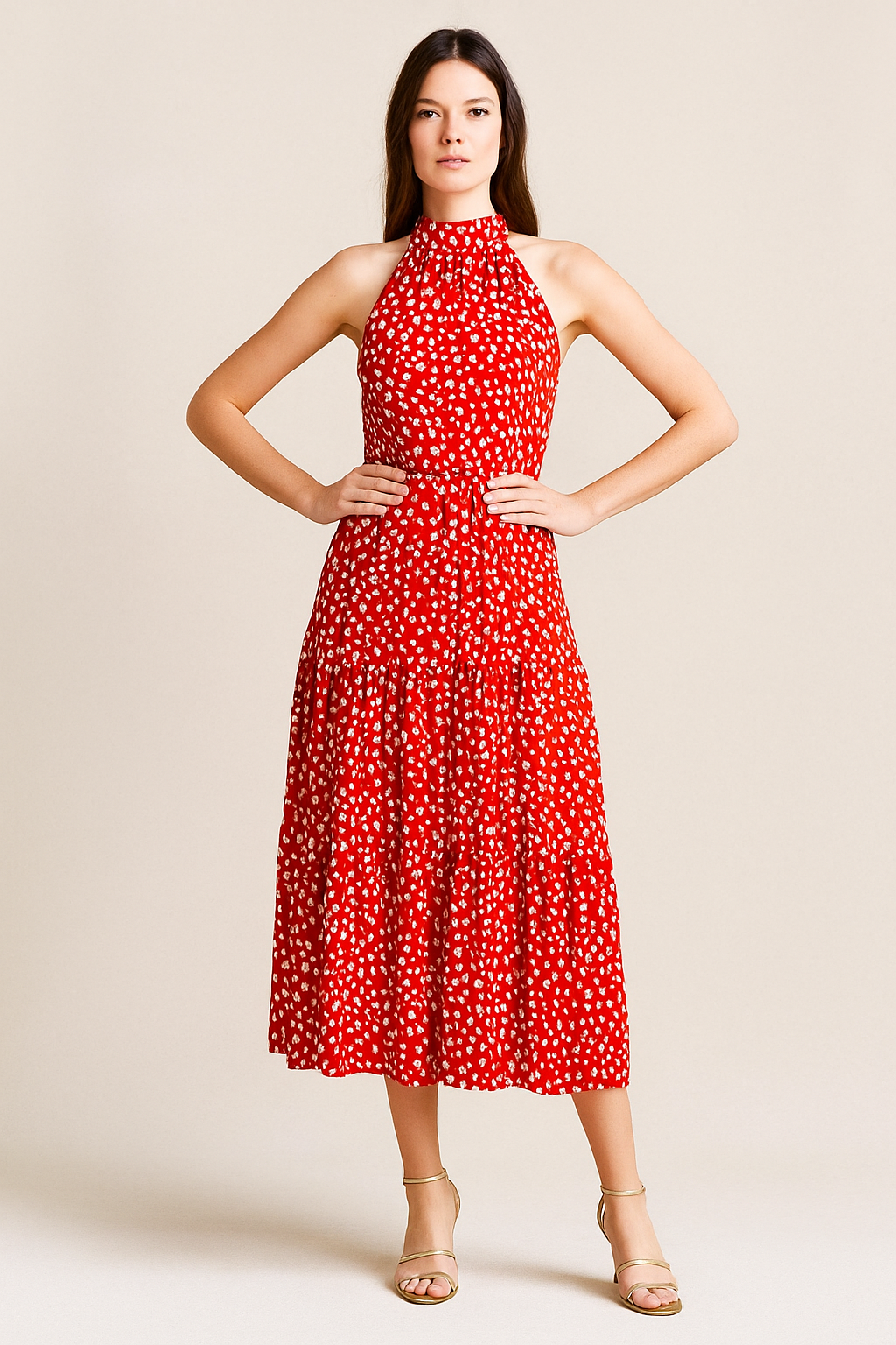 Polka Dot Halter Midi Dress – Fit-and-Flare, Waist Tie