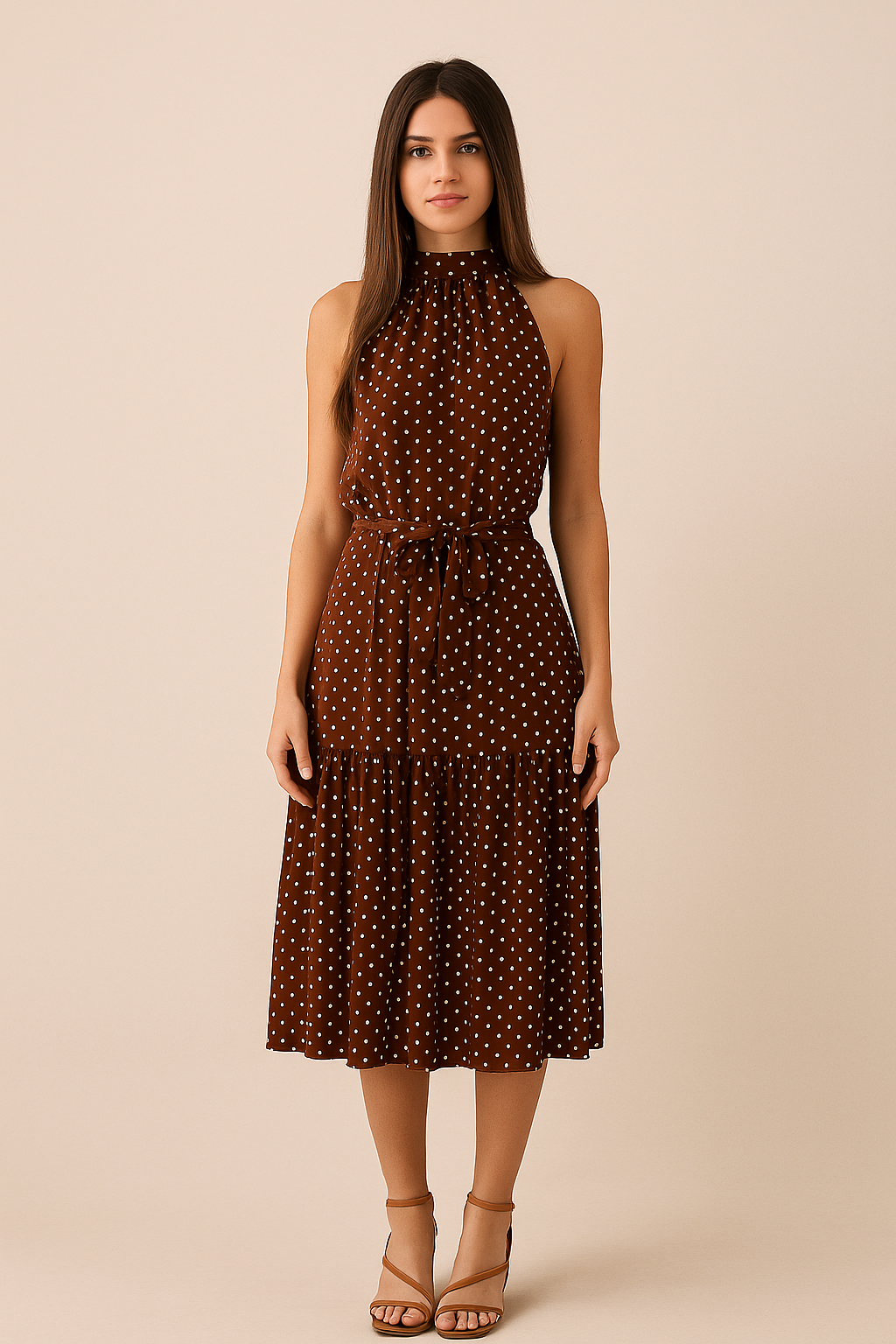 Polka Dot Halter Midi Dress – Fit-and-Flare, Waist Tie