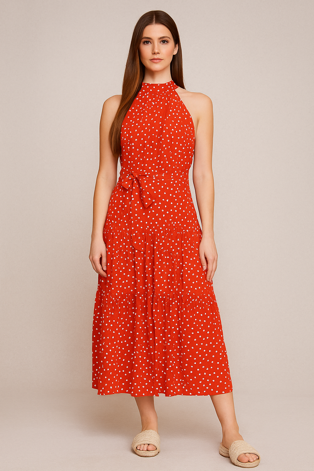 Polka Dot Halter Midi Dress – Fit-and-Flare, Waist Tie