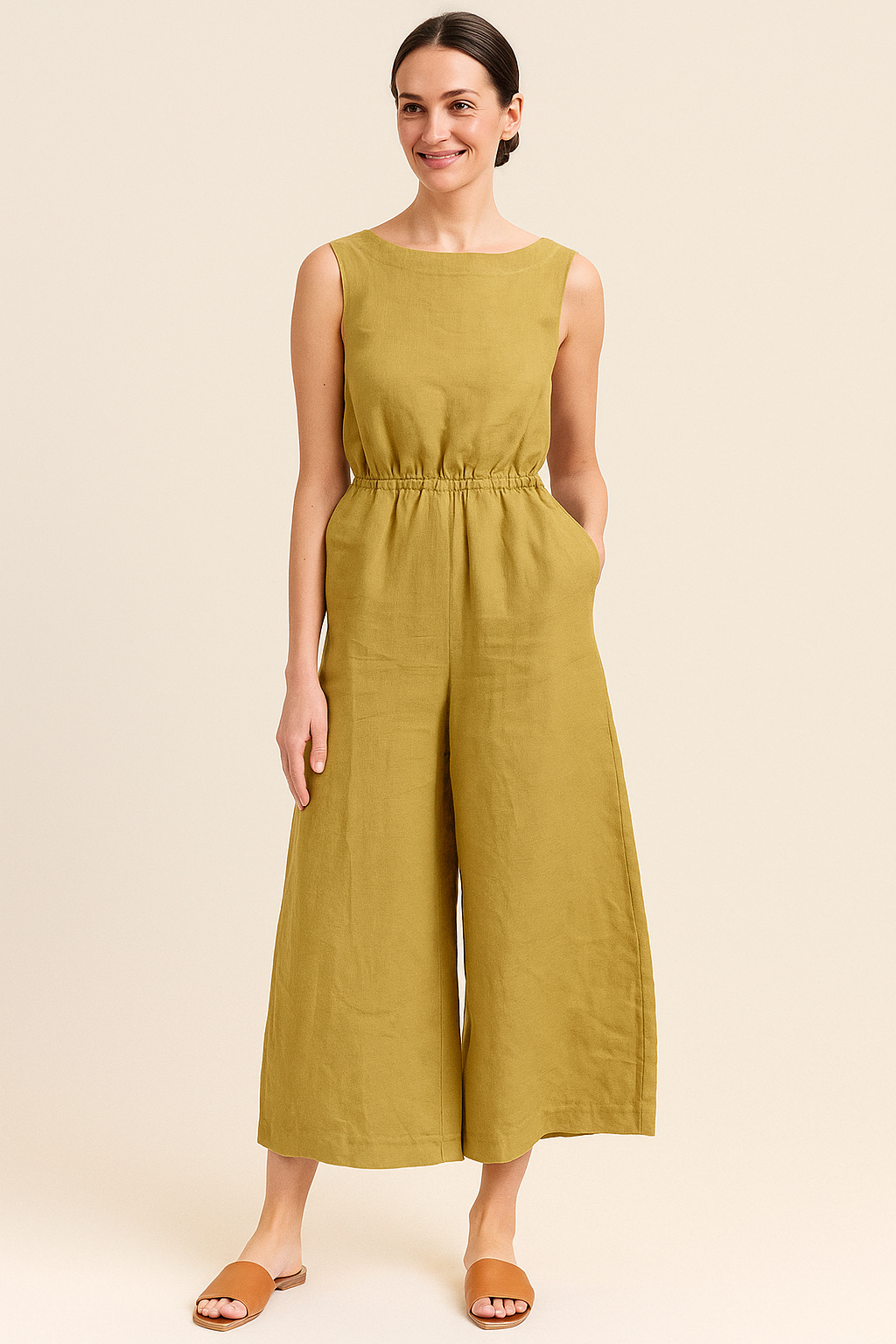 Women’s Loose Fit Casual Jumpsuit – Round Neck, Short Sleeve, Full-Length