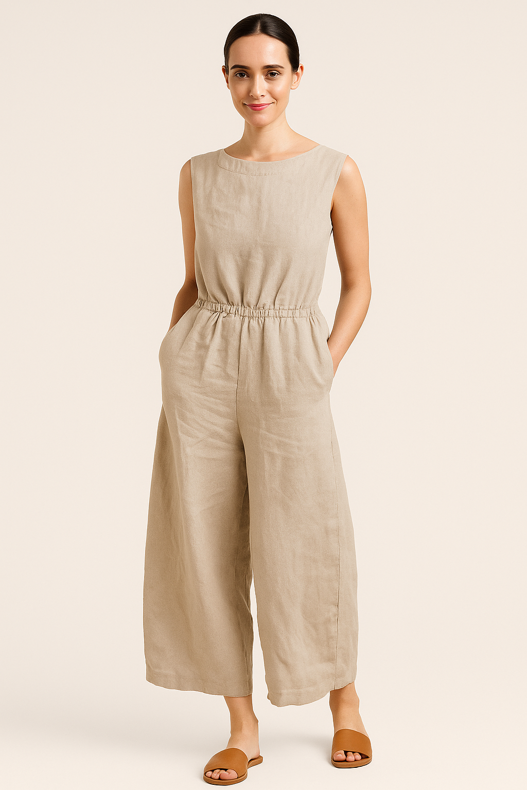 Women’s Loose Fit Casual Jumpsuit – Round Neck, Short Sleeve, Full-Length