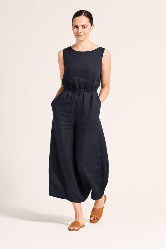 Women’s Loose Fit Casual Jumpsuit – Round Neck, Short Sleeve, Full-Length