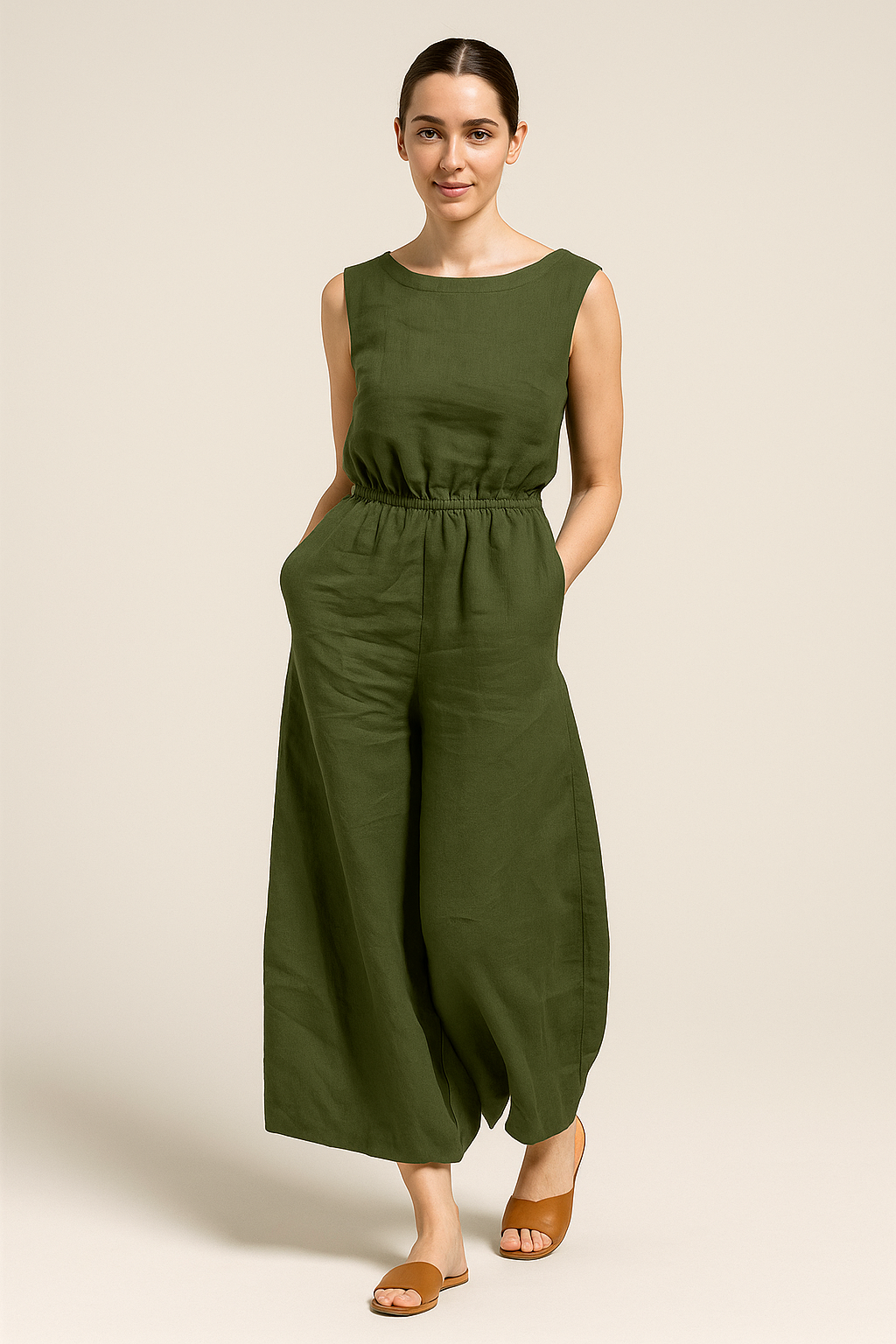 Women’s Loose Fit Casual Jumpsuit – Round Neck, Short Sleeve, Full-Length