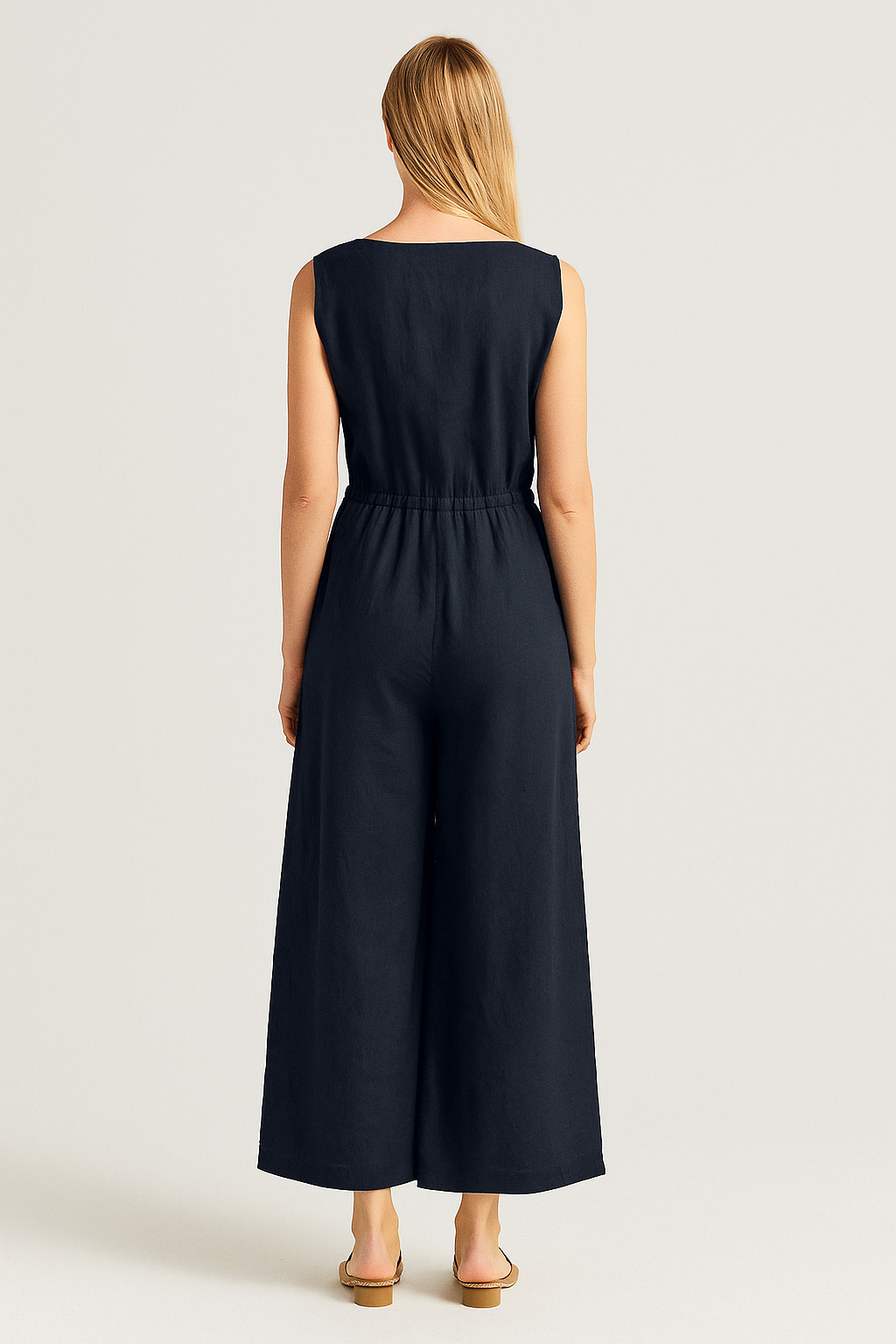 Women’s Loose Fit Casual Jumpsuit – Round Neck, Short Sleeve, Full-Length