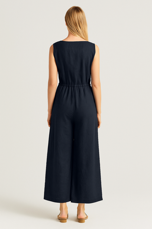 Women’s Loose Fit Casual Jumpsuit – Round Neck, Short Sleeve, Full-Length