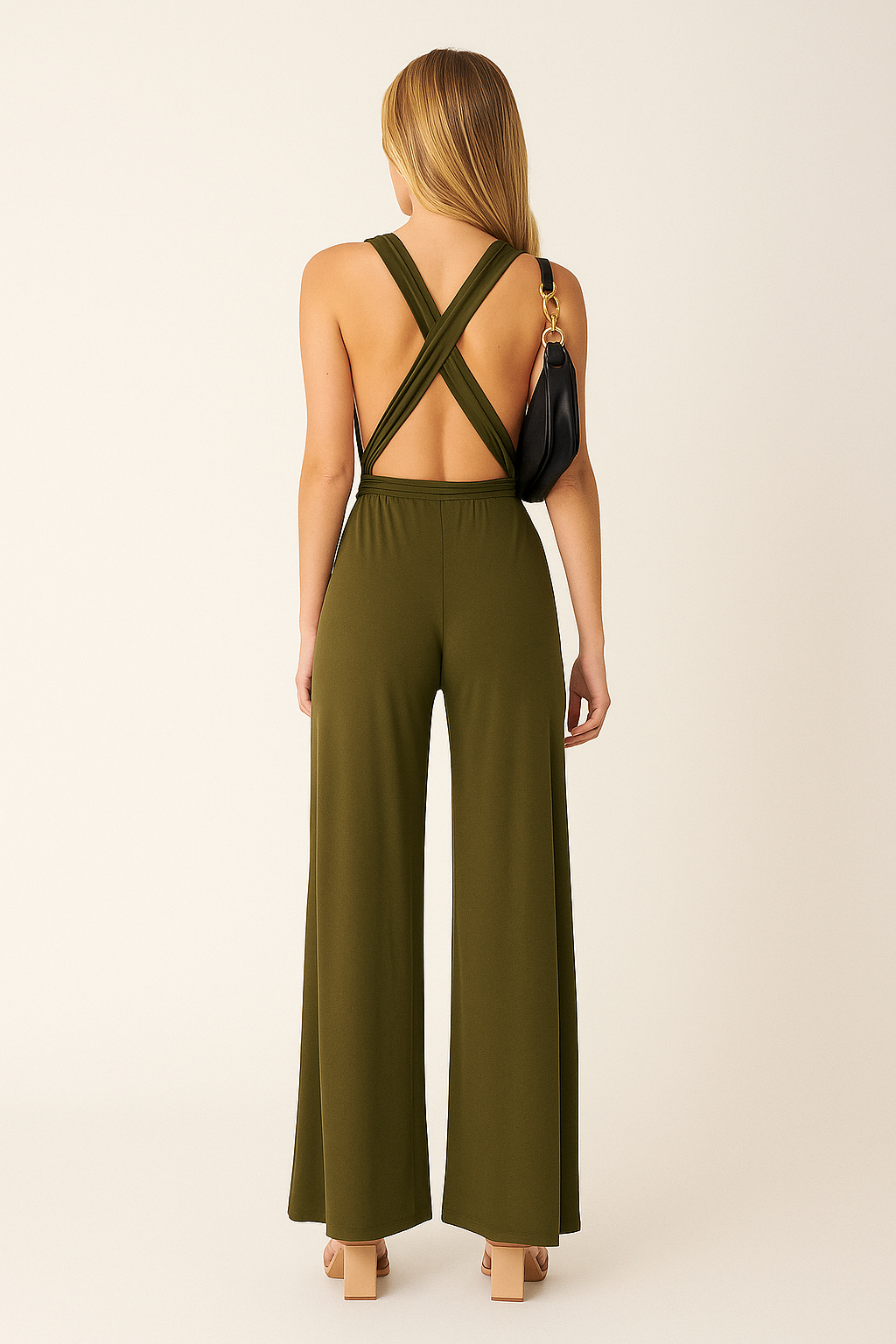 Women’s Wide-Leg Jumpsuit – Deep V-Neck, Elegant Silhouette, Full-Length