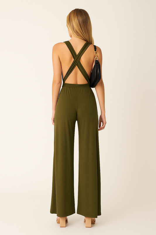 Women’s Wide-Leg Jumpsuit – Deep V-Neck, Elegant Silhouette, Full-Length
