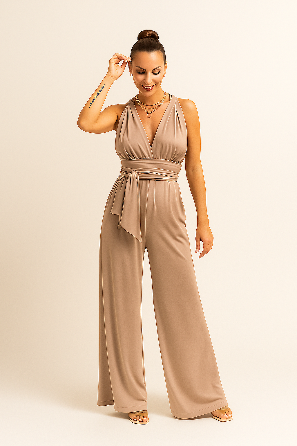 Women’s Wide-Leg Jumpsuit – Deep V-Neck, Elegant Silhouette, Full-Length