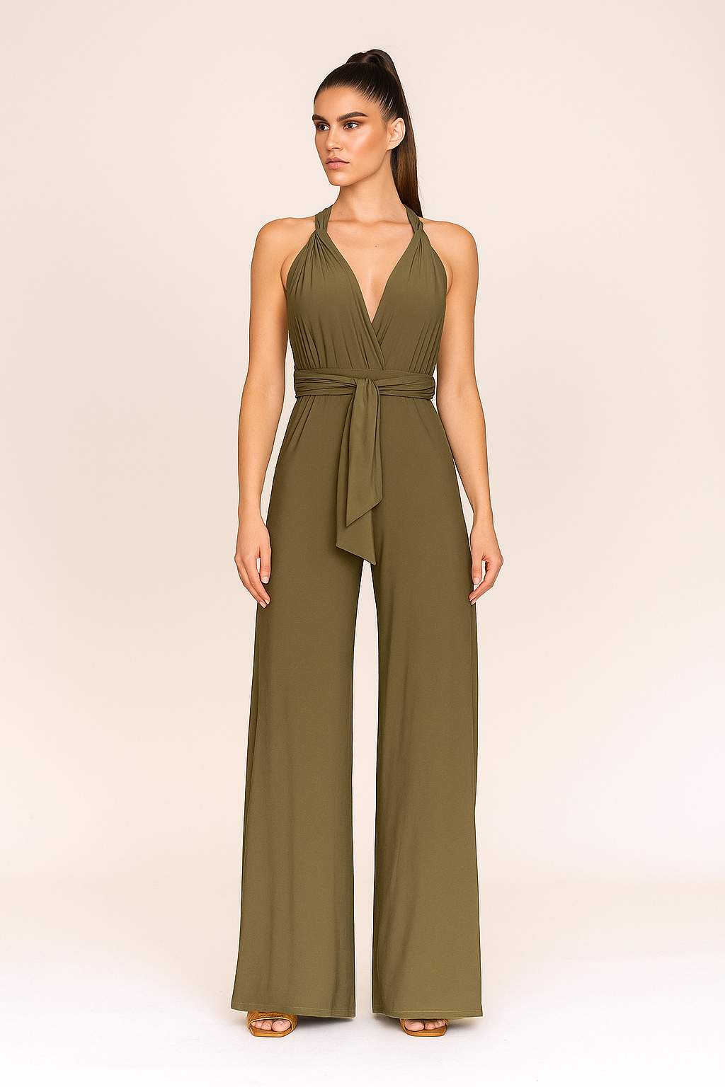 Women’s Wide-Leg Jumpsuit – Deep V-Neck, Elegant Silhouette, Full-Length