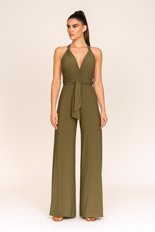 Women’s Wide-Leg Jumpsuit – Deep V-Neck, Elegant Silhouette, Full-Length