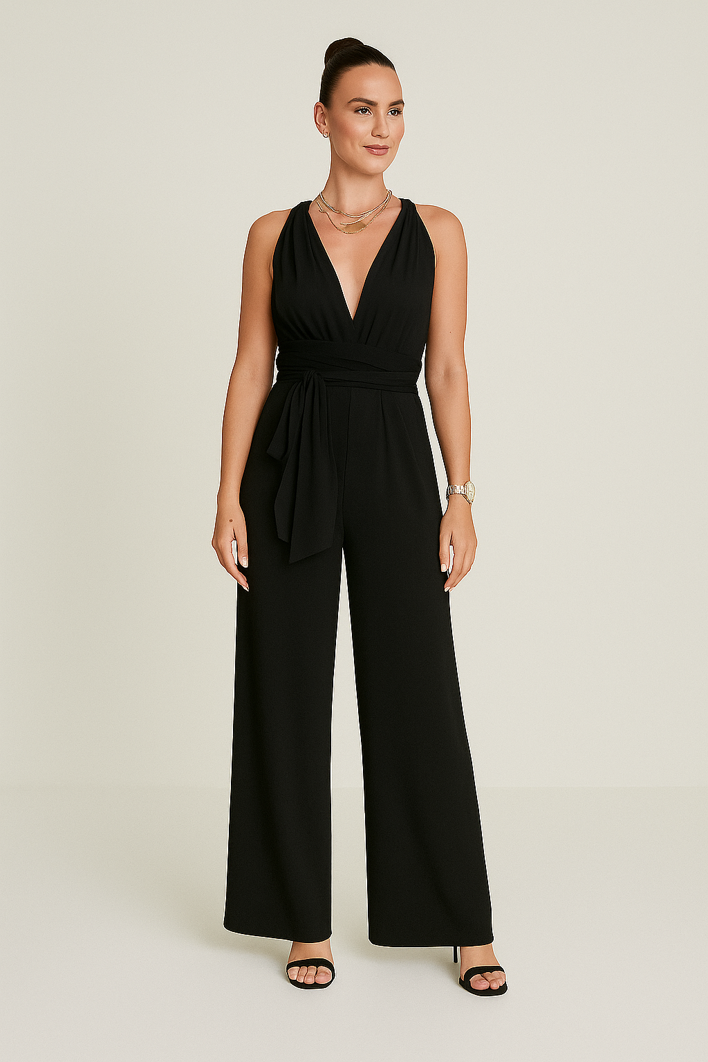 Women’s Wide-Leg Jumpsuit – Deep V-Neck, Elegant Silhouette, Full-Length