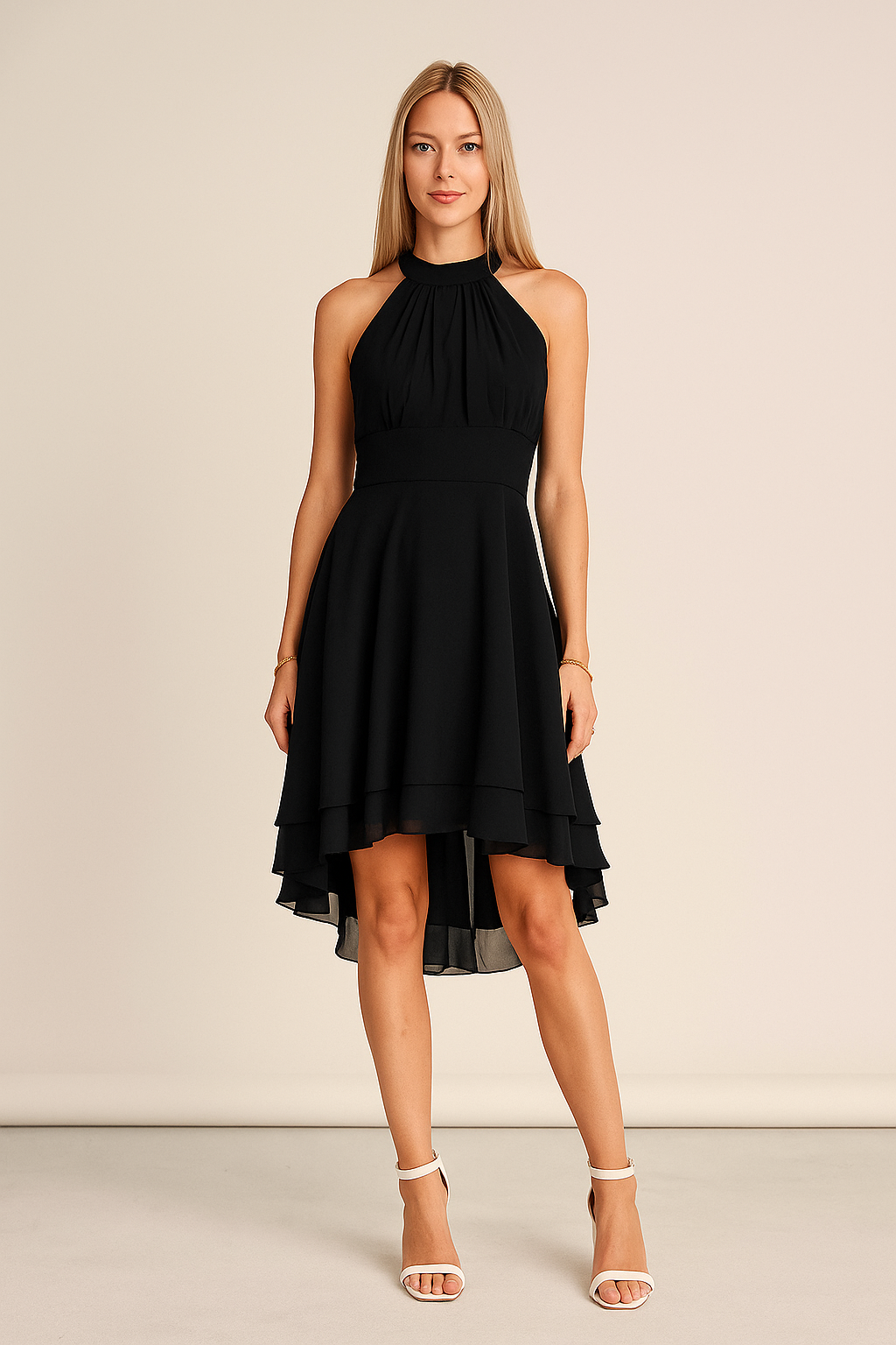 Women’s Halter Neck High-Low Dress – Sleeveless with Fitted Waist