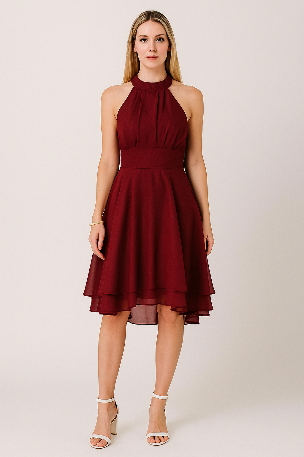 Women’s Halter Neck High-Low Dress – Sleeveless with Fitted Waist