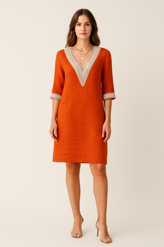 Lightweight V-Neck Dress with Lace Detailing – Breezy Elegance
