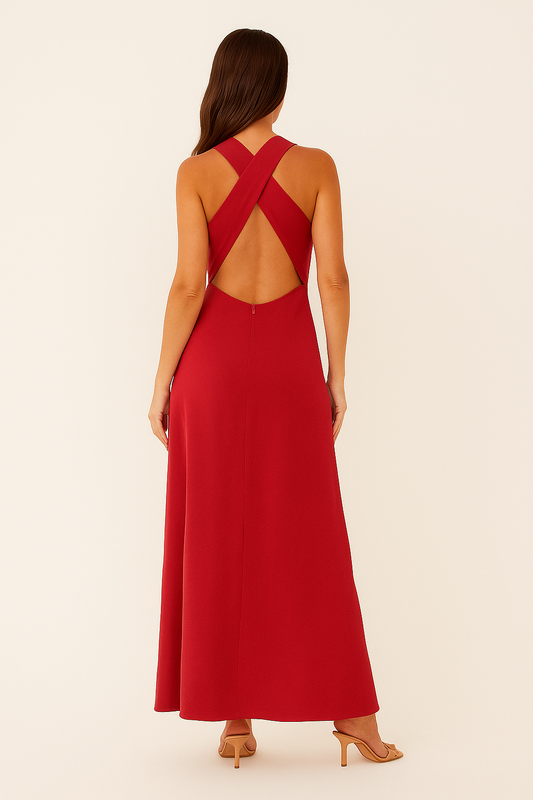 Cowl Neck Satin Maxi Dress – Backless Criss-Cross Elegance