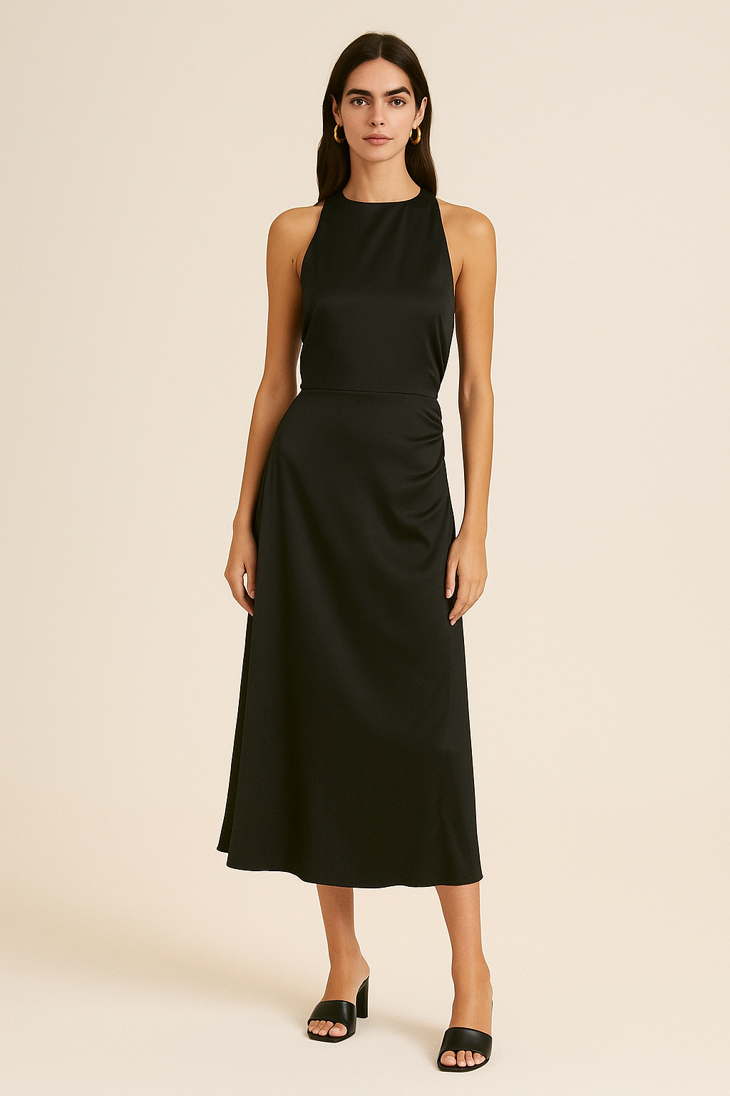 Cowl Neck Satin Maxi Dress – Backless Criss-Cross Elegance