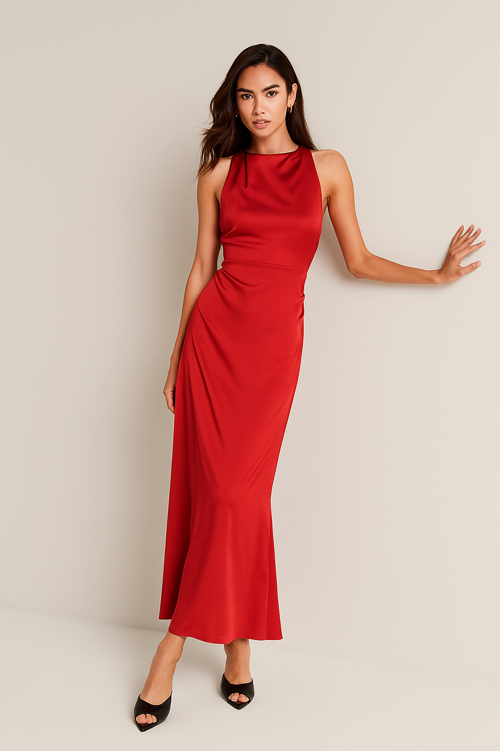 Cowl Neck Satin Maxi Dress – Backless Criss-Cross Elegance