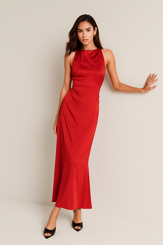 Cowl Neck Satin Maxi Dress – Backless Criss-Cross Elegance