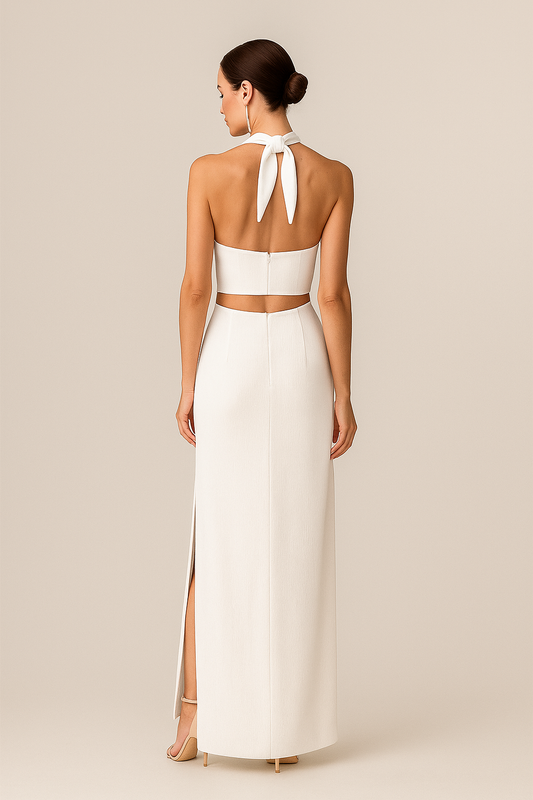 Crisscross Halter Maxi Dress – Cutout Detail, Slit Hem