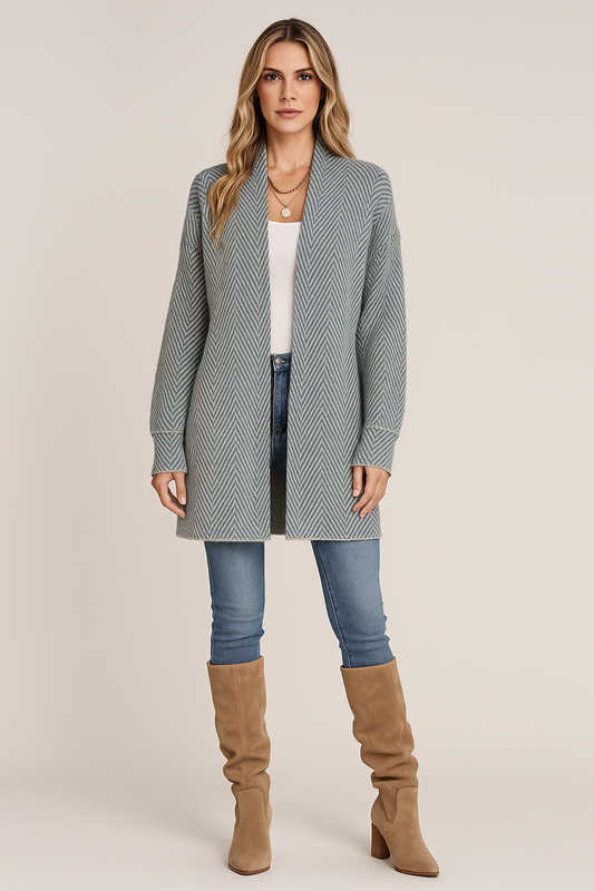 Knit Cardigan – Relaxed Fit – Open Front – Herringbone Pattern